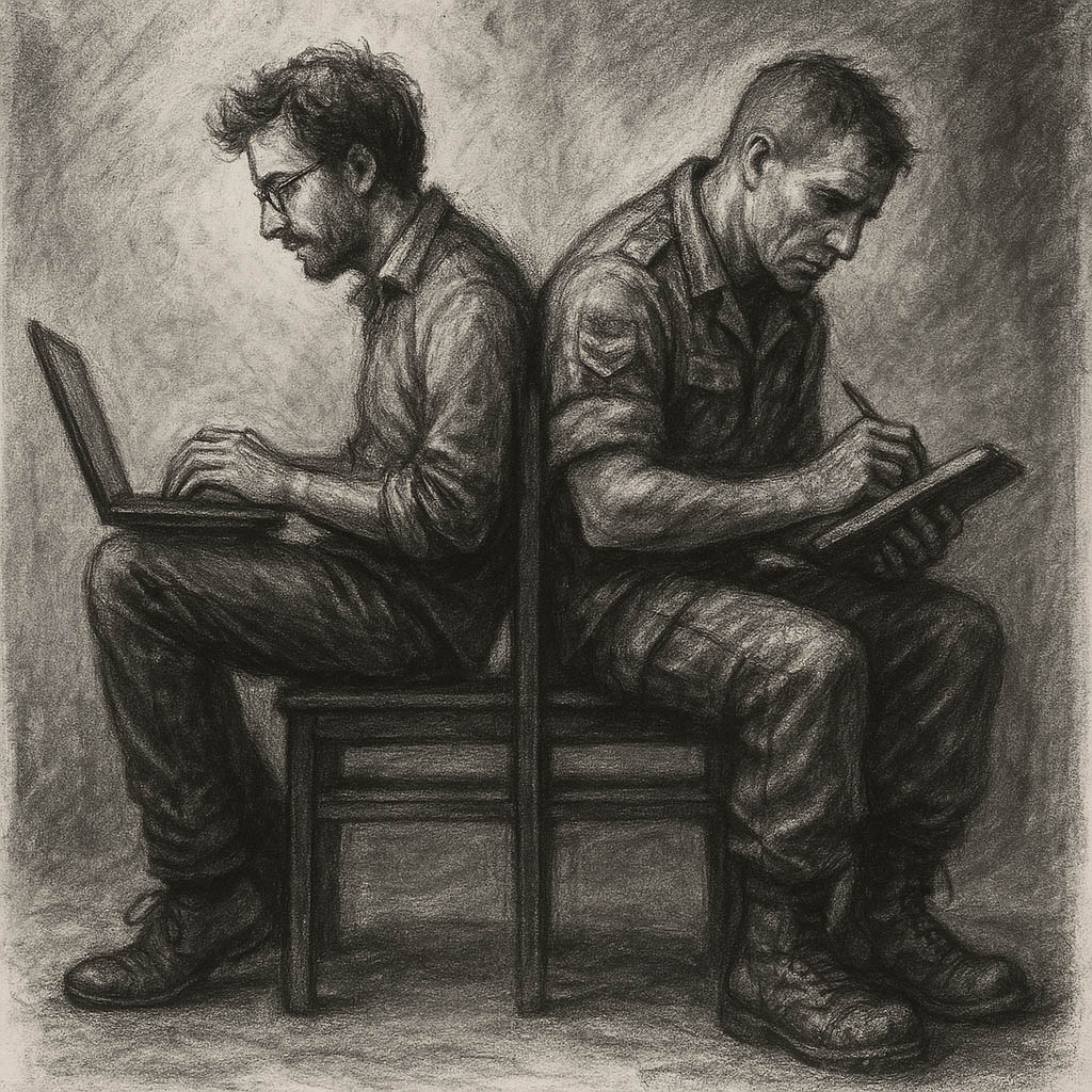 A writer and a military veteran: two versions of the same man sit on a chair