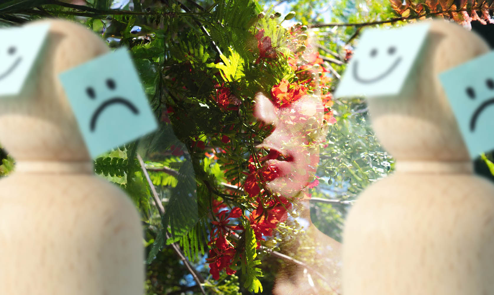Collage of a complex person reduced to wooden blocks and post it notes of happy and sad faces