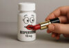 A hand puts lipstick and a face on a risperidone bottle