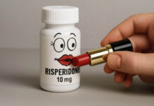A hand puts lipstick and a face on a risperidone bottle