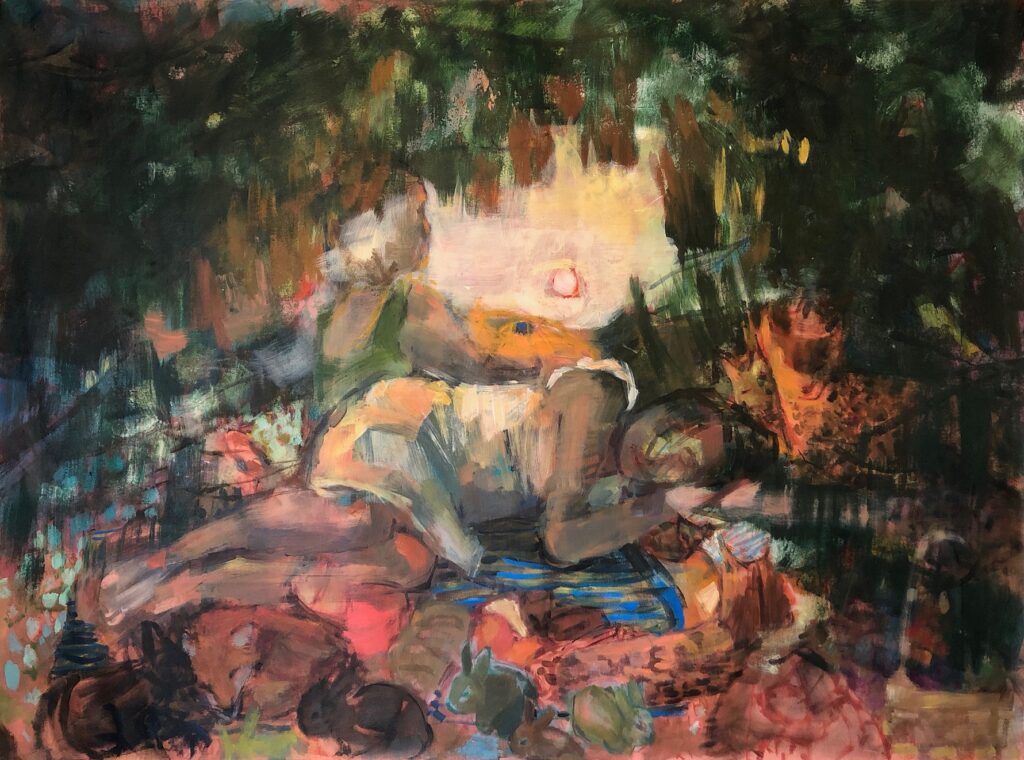A painting of a woman resting in a forest nook with foxes and bunnies around her