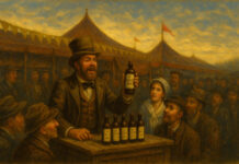 Illustration of an old-time snake oil salesman at a fair