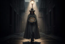 A female whistleblower steps out of the shadows with a folder labeled "pharma lies"