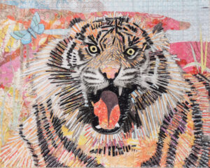 A tiger with mouth open in a roar. Colorful patterns and a blue butterfly are behind it.
