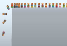 Toy figures approach and topple off a cliff