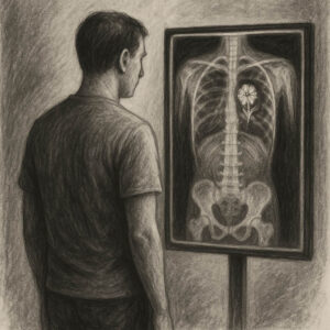 AI-generated illustration of a man looking at an x-ray with a flower where the heart should be. Black and white charcoal style.