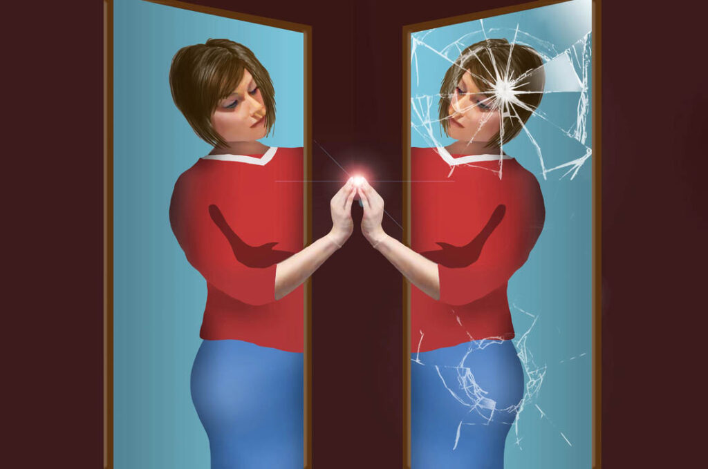 Illustration of woman touching a broken mirror version of herself