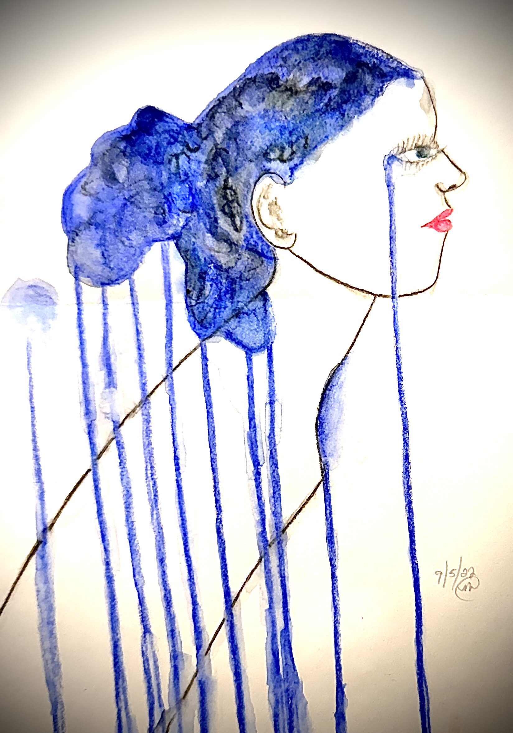 A painting of a woman's head in profile with streaks of blue falling from her eyes and head like tears