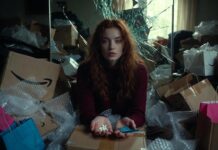 I Declared Myself Jesus and Still Avoided the Psych Ward AI-generated image of a woman holding pills and a credit card amidst a pile of boxes and bubble wrap