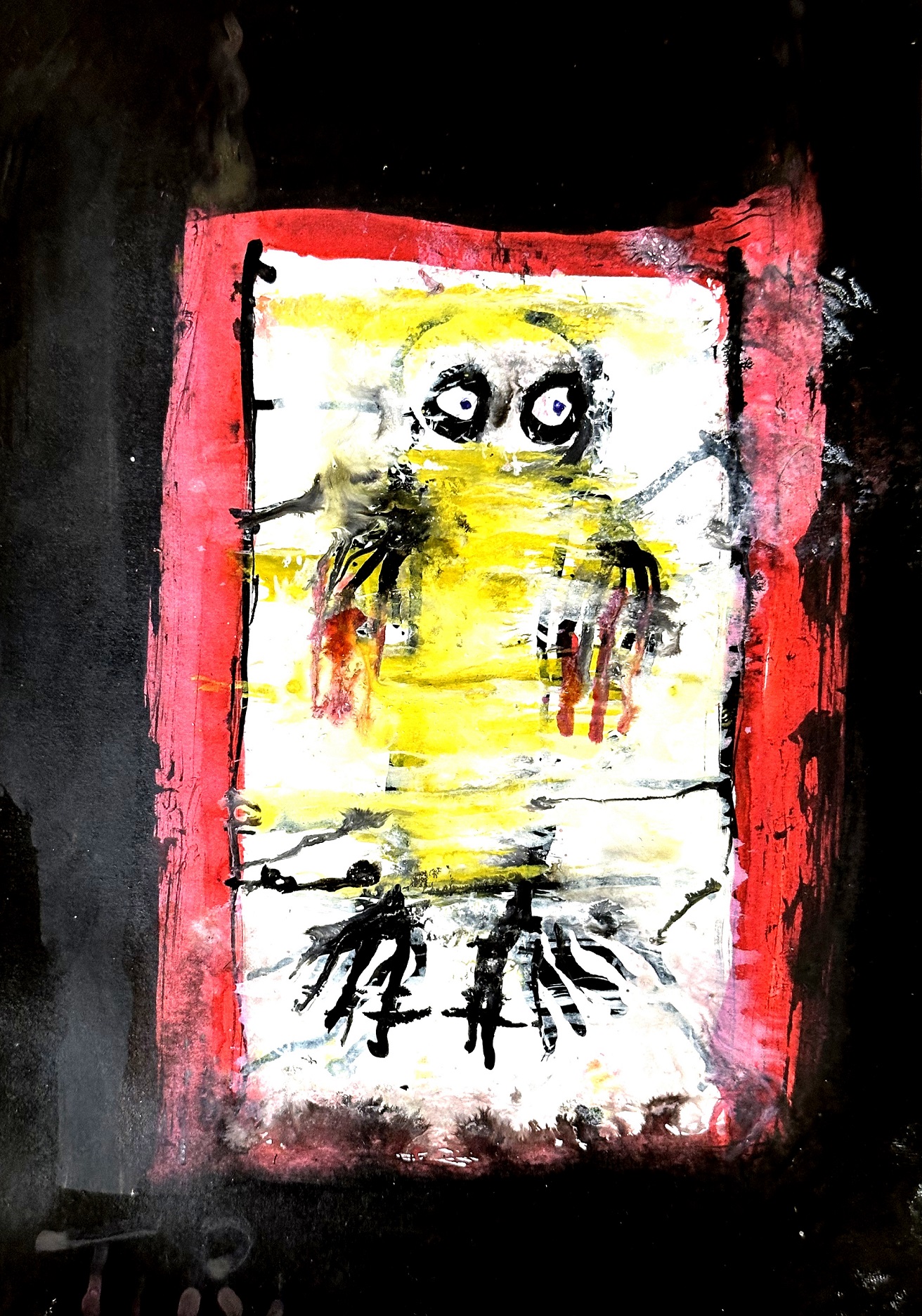 An ink painting of a humanoid figure inside a red box on a black background