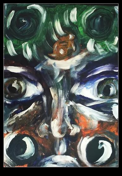 An abstract painting suggesting giant eyes with a person's face at the center