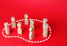 Groupthink in Mainstream and Critical Psychiatry A group of people is circled in dotted line. Grouping people, teaming up. Society and community concept. Target audience, marketing and segmentation. Association, organization. Consolidation