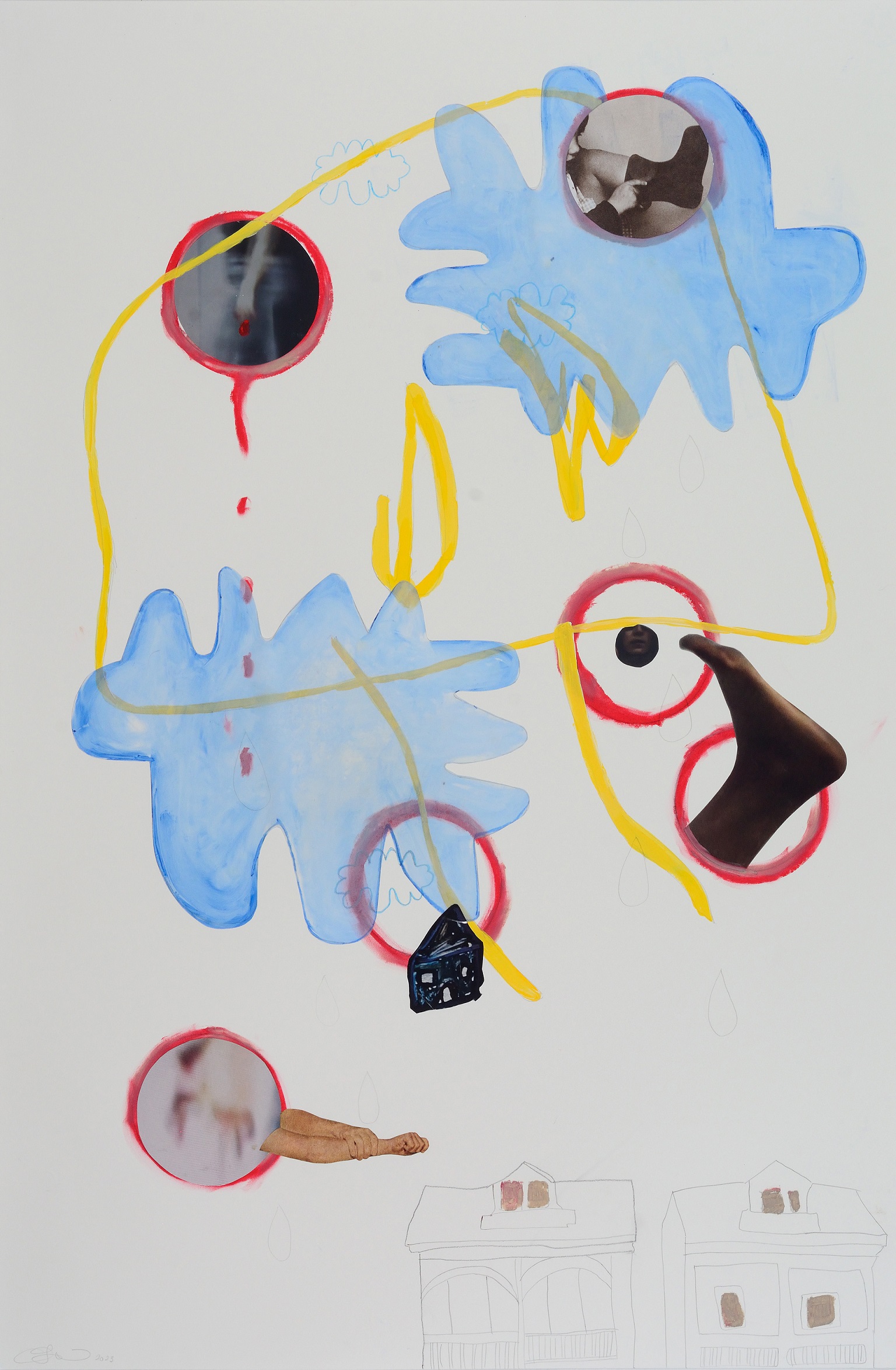Above a small pencil drawing of two buildings float blue paint blogs, yellow lines, red circles and some collage feet and arms