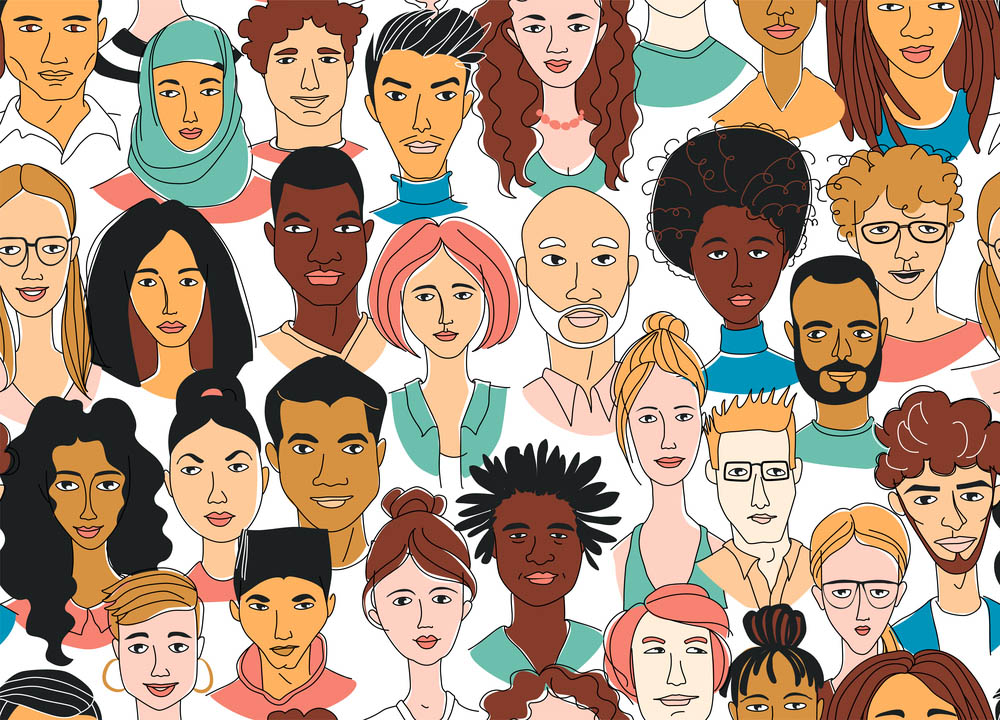 Decorative diverse women's men's head seamless pattern background