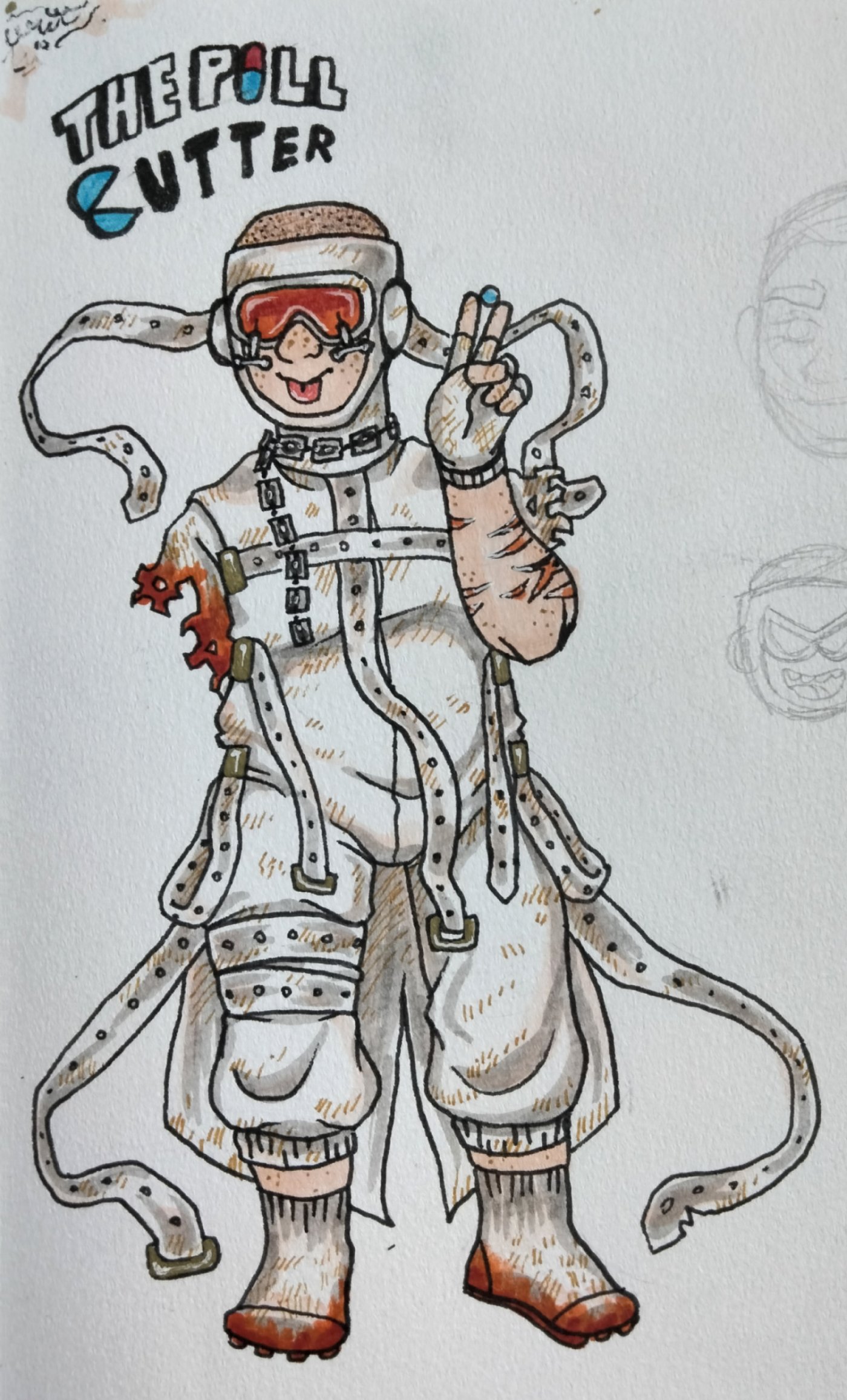 An ink drawing of a human figure in goggles and white medical-bondage clothing, missing one arm, and with cuts on the other arm, and holding a blue pill.