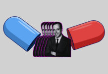 The Madness Pill: One Doctor’s Quest to Understand Schizophrenia A pill capsule open to reveal multiple images of Sol Snyder