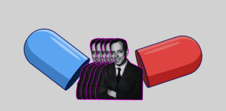 The Madness Pill: One Doctor’s Quest to Understand Schizophrenia A pill capsule open to reveal multiple images of Sol Snyder