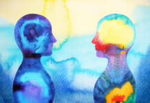 What I’ve Learned from My Son’s Unusual Mental States watercolor painting, two abstract people in conversation
