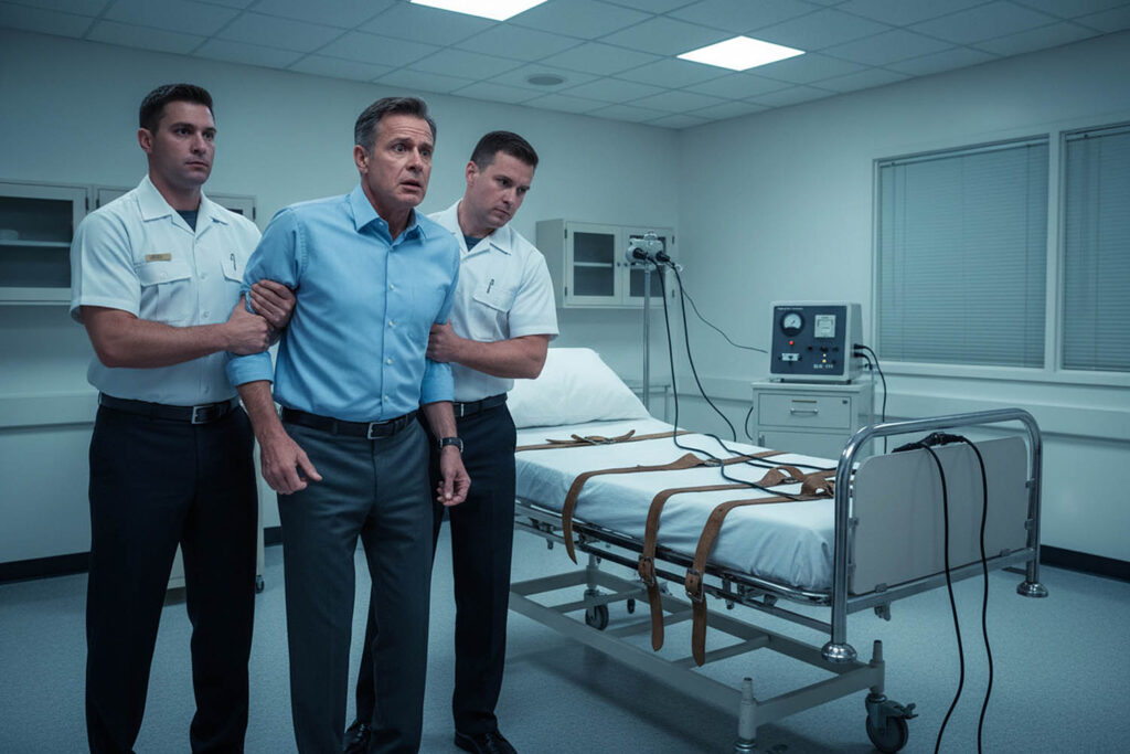 Older man being led to an ECT machine bed