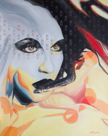 A surrealist painting of a woman's face with a snake slithering over her mouth, and faint images of capsules on her face and in the shadows