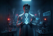 Despite What You’ve Heard, “Schizophrenia” Is Not “80% Heritable” In a dark laboratory, a doctor holds a crystal ball showing a dna helix
