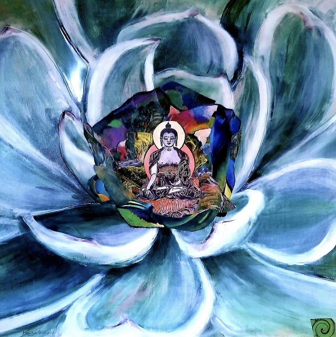 Blue and white flower petals with a Buddha in the center
