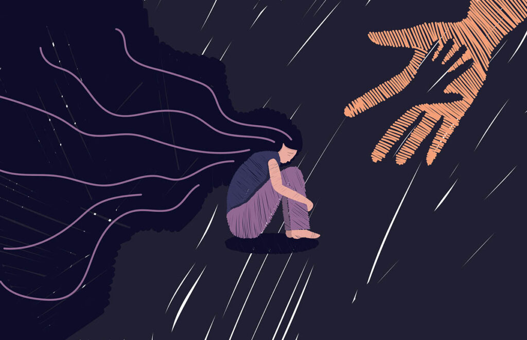 Vector graphics. The human hand helps the girl in depression. Lonely woman hugs her knees with her hair loose.