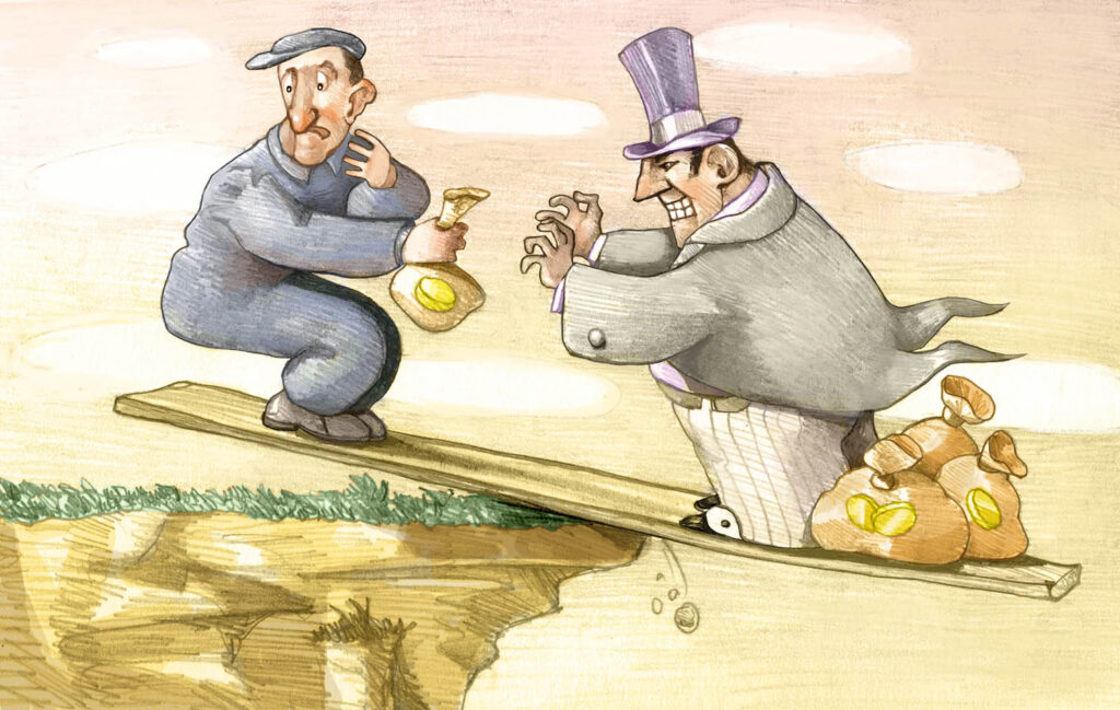Cartoon of a capitalist taking money
