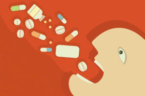 Medicine poster with man and tablets