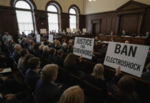 To the Few Psychiatrists Who Still Believe in ECT: See You in Court Courtroom scene with protesters