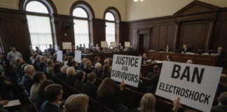 To the Few Psychiatrists Who Still Believe in ECT: See You in Court Courtroom scene with protesters