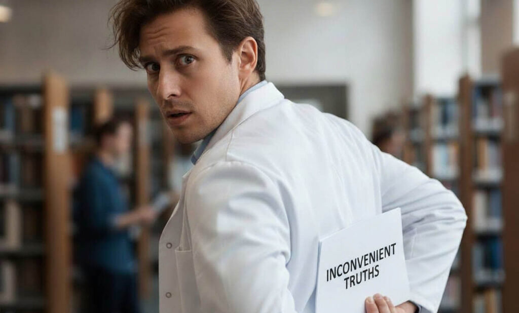 researcher attempts to hide a paper behind his back that says "INCONVENIENT TRUTHS"