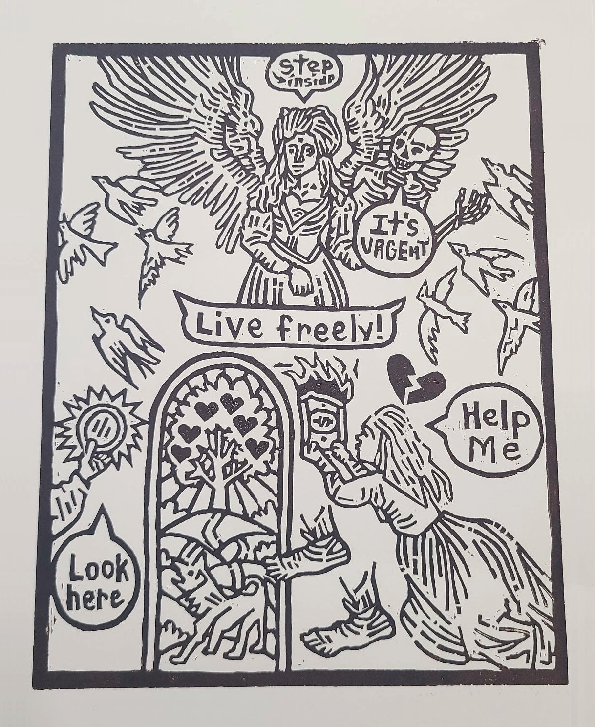 A print of a woman pleading "help me" as she kneels before an open door leading to a tree full of hearts, while an angel above says "step inside" and "live freely"