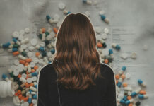 Polypharmacy Not Put on Trial in Lindsay Clancy Case Brown-haired woman from the back, collaged onto photo of pills