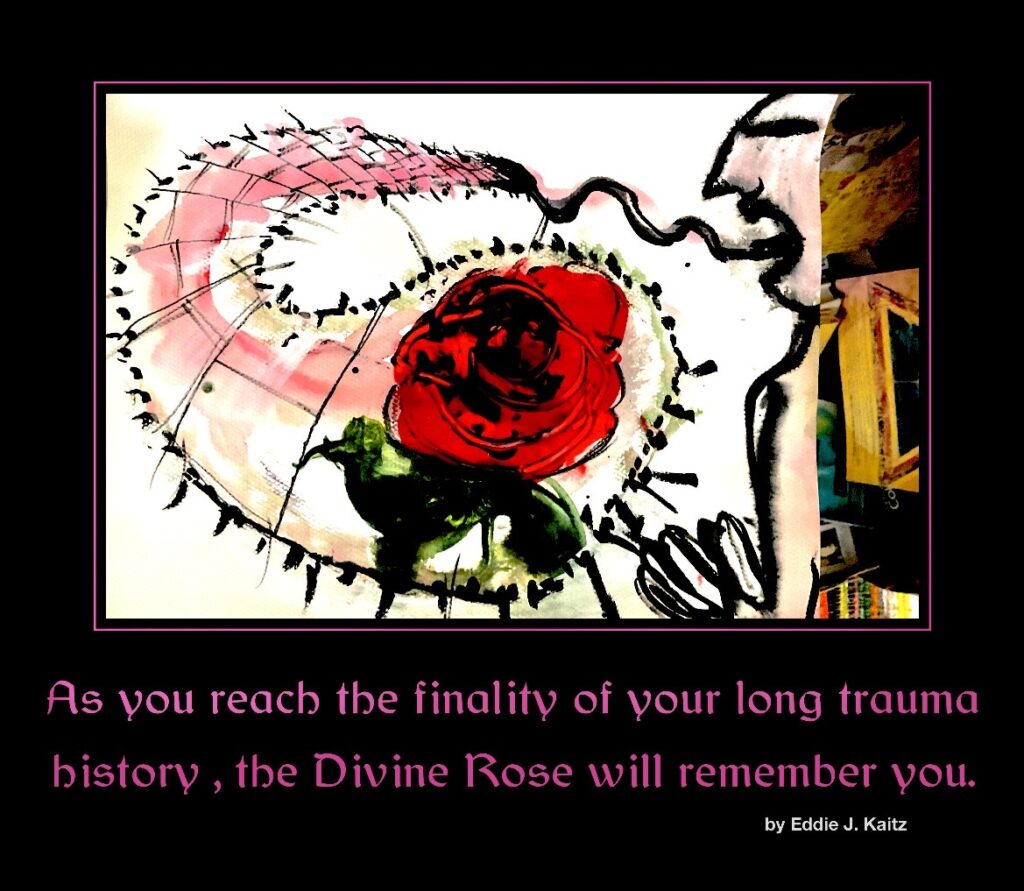 A painting of a rose coming out from a person's mouth, with the words 