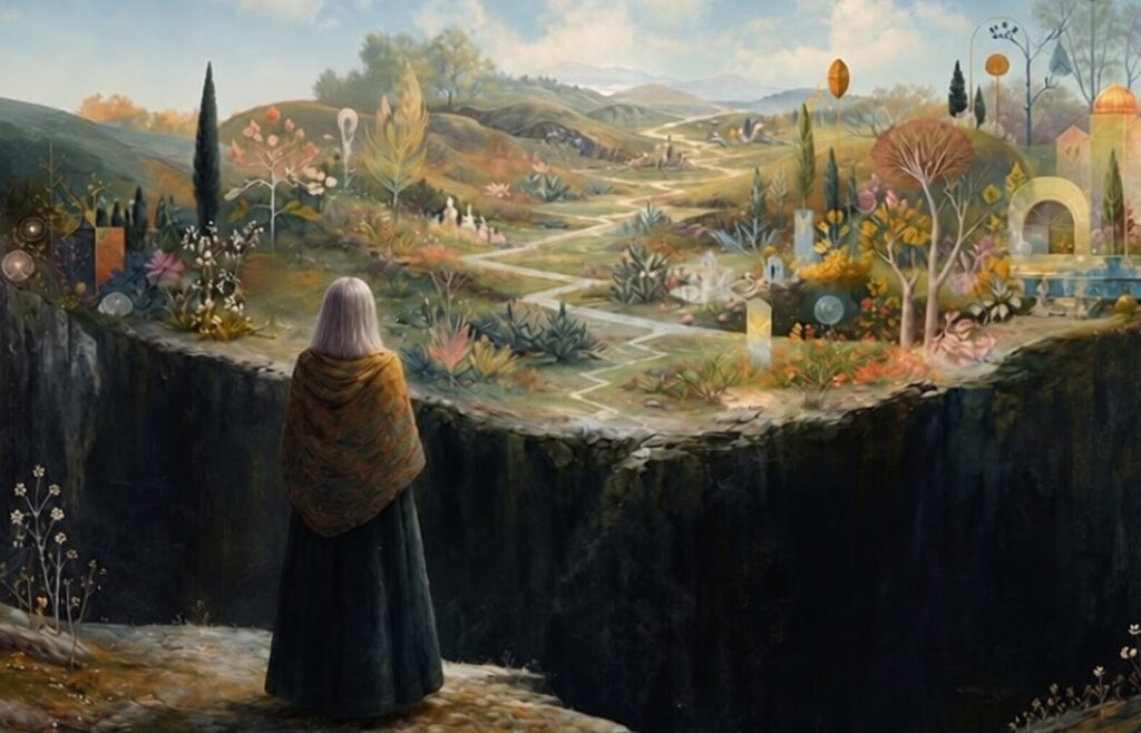 a woman standing at the edge of an abyss with a colorful world on the other side of it