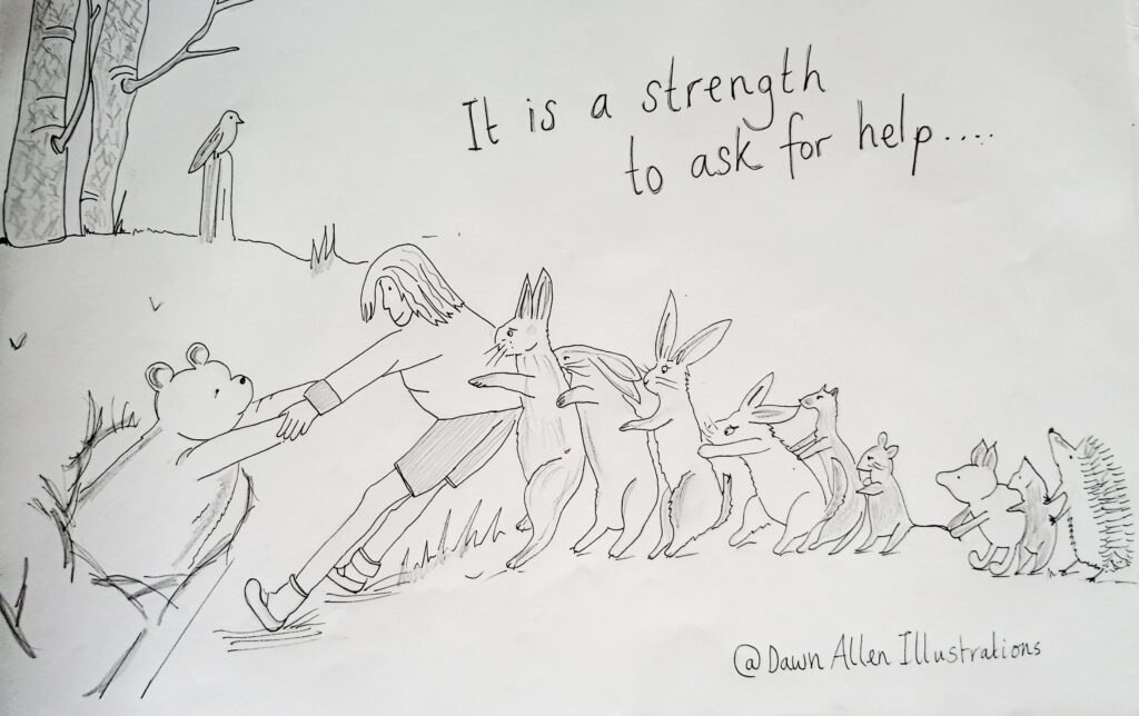 A drawing of a row of forest creatures and one human pulling a bear out of a hole, with the written message 