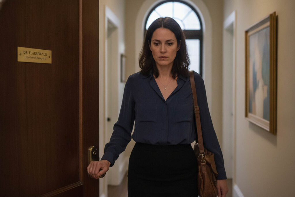 A well-dressed woman leaves the psychotherapy office, looking concerned