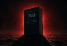Let There Be Light: Before Psychiatry Writes Its Next DSM a thick textbook labeled "DSM" stands like the monolith from 2001, blocking a red glow from behind and casting a deep shadow