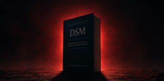 Let There Be Light: Before Psychiatry Writes Its Next DSM a thick textbook labeled "DSM" stands like the monolith from 2001, blocking a red glow from behind and casting a deep shadow
